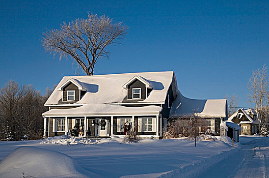 房子,积雪,冬天,魁北克,加拿大