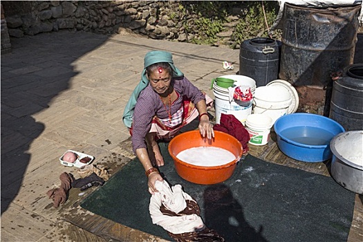 老太太,脏,洗衣服,加德满都,尼泊尔