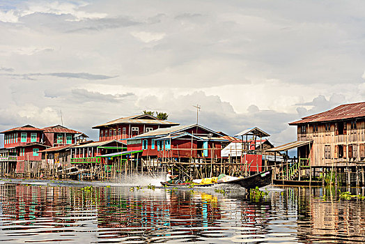房子,运河,船,茵莱湖,掸邦,缅甸