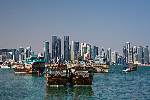 卡塔尔,多哈,城市,传统,船,西部,湾,天际线