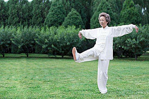 站在草坪上练太极的老年女性