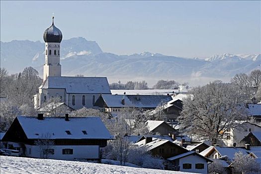 教堂,阿尔卑斯山,全景,山,楚格峰,冬天,巴伐利亚,德国
