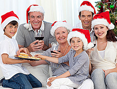 家庭,喝,葡萄酒,吃,甜食,圣诞节