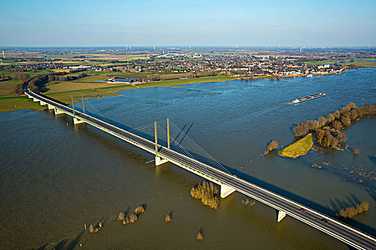 航拍,莱茵河,桥,筛豆,洪水,下莱茵,北莱茵威斯特伐利亚,德国,欧洲