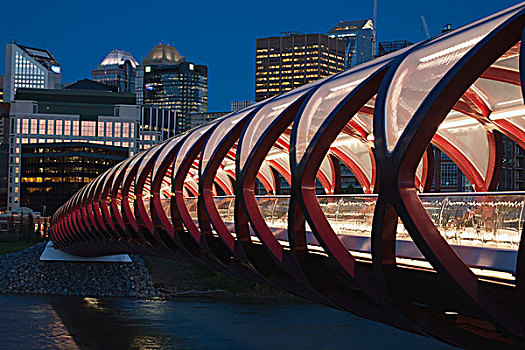 红色,桥,夜晚,光亮,城市,建筑,背景,卡尔加里,艾伯塔省,加拿大