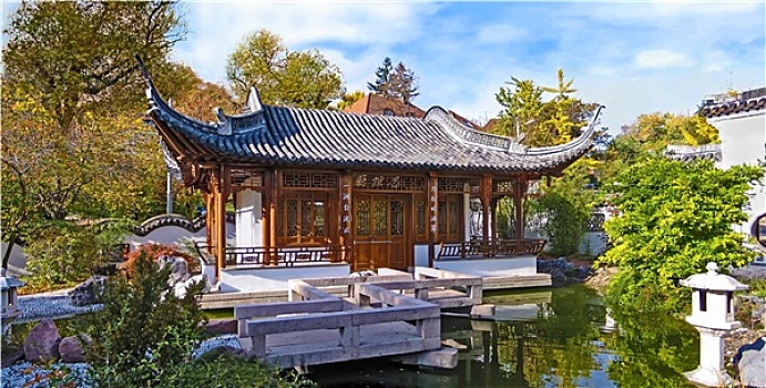 中式花园,庙宇,房子,全景