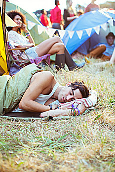 男人,睡袋,睡觉,户外,帐篷