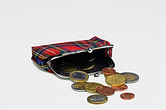 皮夹,钱包,苏格兰,格子图案,图案,欧元硬币,象征,储蓄,贪婪