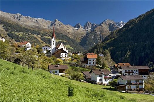 教堂,山谷,山脊,阿尔卑斯山,提洛尔,奥地利,欧洲