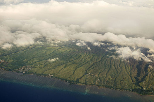 毛伊岛,夏威夷,美国,崎岖,海岸线,空气,展示,对比,蓝色,海洋,绿色,陆地