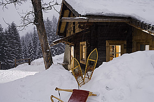 山林,木屋,特写,光亮,冬天,雪撬,雪鞋,山,树林,屋舍,山区木屋,积雪,雪,象征,安静,自然风光,孤单