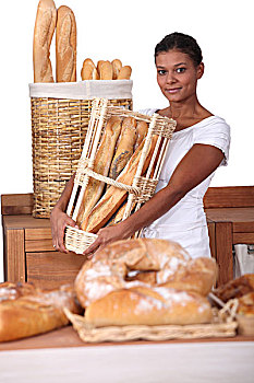 美女,篮子,法棍面包,西饼店