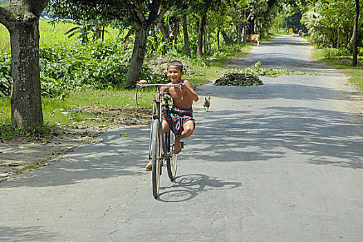 乡村,男孩,骑自行车,孟加拉,六月,2007年