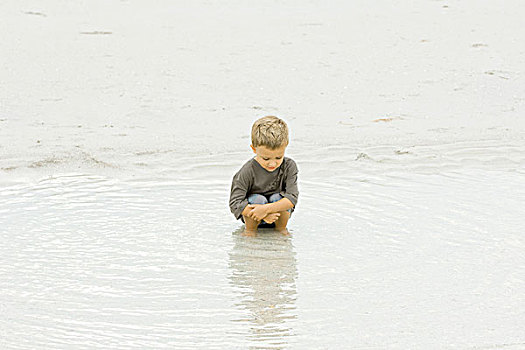 小男孩,蹲,水中,海滩,俯视