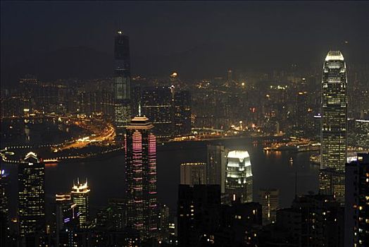 太平山,光亮,城市,香港,夜晚,高层建筑,摩天大楼,中心,九龙,中国,亚洲