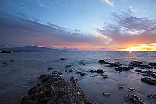 日落,上方,岩石,海岸线,山,远景,南,柯哈拉,夏威夷,美国