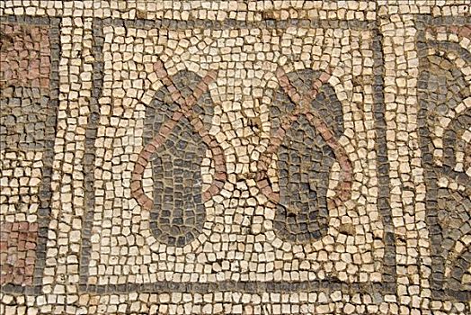 镶嵌图案,两个,凉鞋,人字拖鞋,遗迹,早,基督教,大教堂,塞浦路斯北部