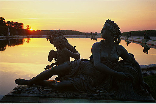 雕塑,喷泉,日落,凡尔赛宫,法国