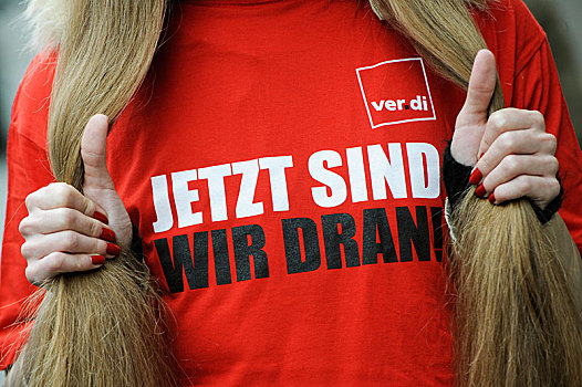 女人,穿,t恤,信德省,德国人,我们,转,讲价,工资,工会,零售,罢工,德国,欧洲