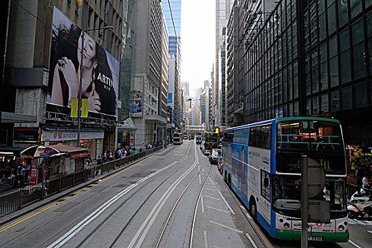 密集,交通,双层巴士,巴士,有轨电车,狭窄,街道,香港,摩天大楼,中心,亚洲