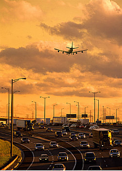 飞机,上方,公路,交通,日落,多伦多,安大略省,加拿大