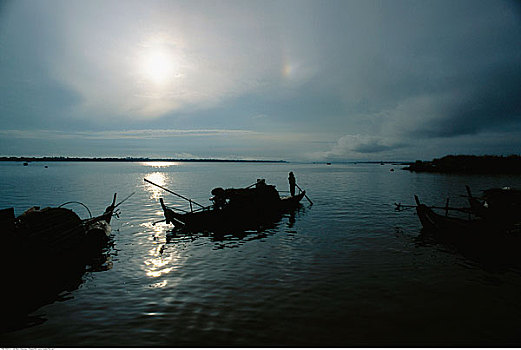 船,黄昏,金边,柬埔寨