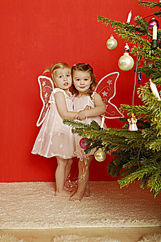 圣诞节,女孩,两个,掩饰,天使,搂抱,愉悦,序列,人,孩子,幼儿,赤足,衣服,天使之翼,圣诞天使,玩,微笑,喜悦,魔法棒,杆,星,高兴,耶稣