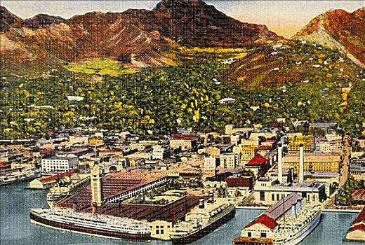 20年代,明信片,夏威夷,瓦胡岛,檀香山,港口,阿罗哈塔