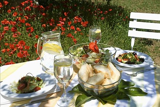 沙拉,面包,桌子,夏天,花园