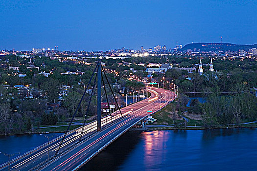 桥,上方,草原,市区,蒙特利尔,天际线,远景,黄昏,照片,魁北克,加拿大