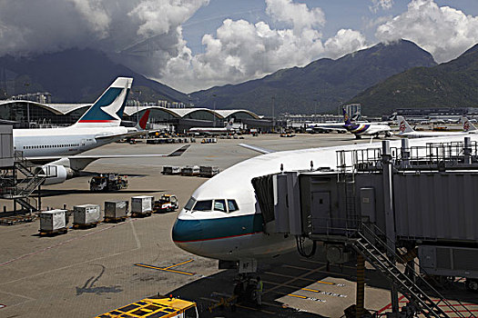 中国,香港国际机场,太平洋,飞机,停靠,航站楼