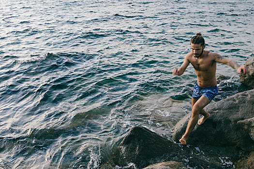 男人,跳跃,石头,海洋