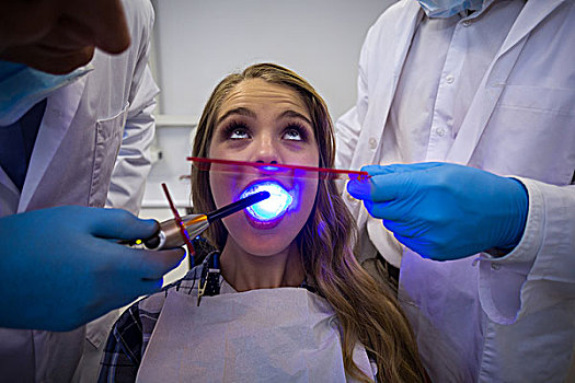 牙医,检查,女病人,牙齿,治愈,灯,诊所