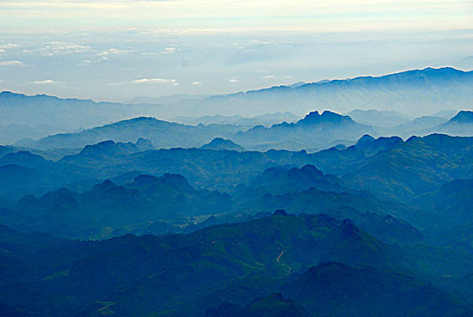俯视,山景,锥形,山峦,室外,薄雾,喀斯特地貌,琅勃拉邦,省,老挝,东南亚,亚洲