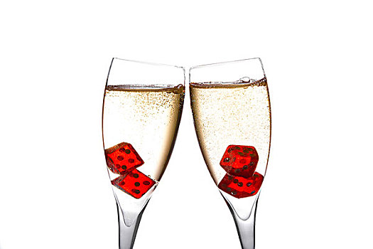 干杯,红色,骰子,两个,香槟酒杯,金色,泡泡
