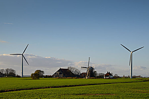 老,新,风车,农场,弗里斯兰省,荷兰