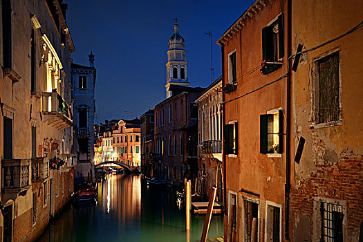 威尼斯,运河,夜拍,钟楼,古建筑,意大利