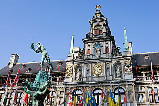 喷泉,正面,城市,格罗特,市场,安特卫普,佛兰德斯,比利时,欧洲