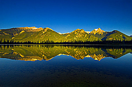 水塘,西部,湖,日出,碧玉国家公园,艾伯塔省,加拿大,左边,右边,山,休闲场所,滴水兽