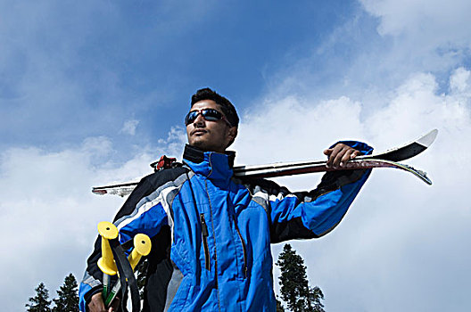男人,滑雪,肩扛,查谟-克什米尔邦,印度