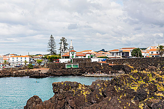 火山岩,石头,海岸线,港口,圣玛丽亚教堂,背景,皮库岛,亚速尔群岛,葡萄牙