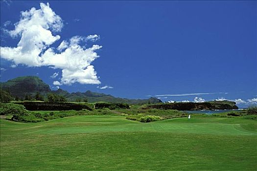 夏威夷,考艾岛,坡伊普,湾,高尔夫球场,洞,白旗,海岸线,风景,漂亮,蓝天