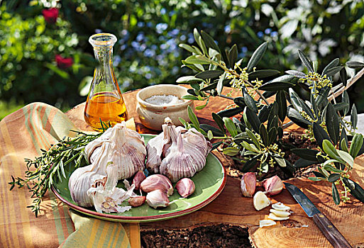 蒜,新鲜,药草,盐,橄榄油,花园桌