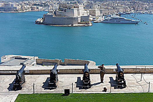 大炮,敬礼,电池,风景,堡垒,圣安吉洛,瓦莱塔市,马耳他,欧洲