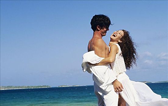 加勒比海,安提瓜岛,幸福伴侣,衣服,白色,搂抱,海滩