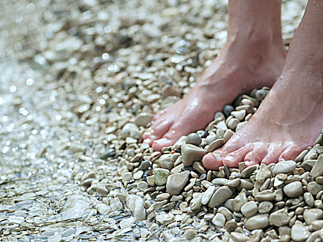 女人,鹅卵石,海滩