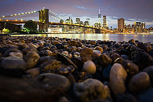 夜景,曼哈顿,布鲁克林,布鲁克林大桥,跨越,东河,岩石,岸边