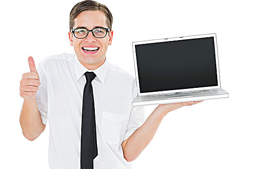 商务人士,拿着,笔记本电脑,展示,竖大拇指