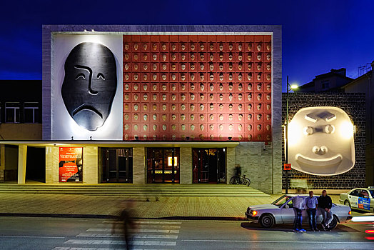 剧院,夜景,阿尔巴尼亚,欧洲