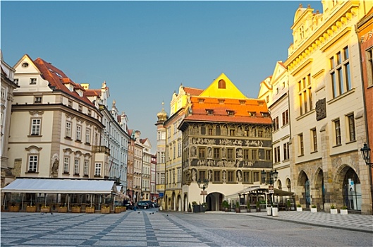 街道咖啡店,老城广场,日出,布拉格,捷克共和国